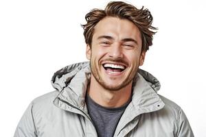 Portrait of a Happy Man in a Grey Jacket photo