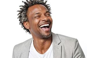 Joyful Man With Gray Hair and Beard Laughing photo