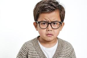 Portrait of a Young Boy with a Frowning Expression photo