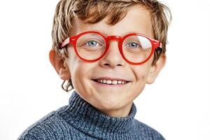 Portrait of a smiling boy wearing red glasses photo