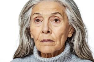 Close up portrait of a senior woman looking thoughtful photo