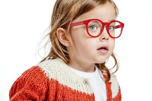 Portrait of a Young Girl Wearing Red Glasses and a Sweater photo