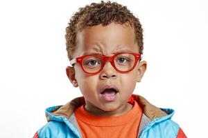 Portrait of a young boy with red glasses photo