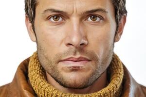 Close up portrait of a man with a beard, brown eyes, and a serious expression. photo