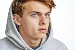Young Man with Blue Eyes Looking Off to the Side in a Gray Hoodie photo
