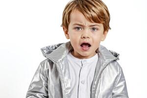 Shocked Little Boy Wearing Silver Jacket photo