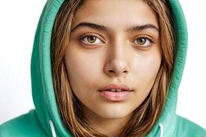 Portrait of a Young Woman in a Green Hoodie photo