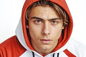 Young Man in Red Hoodie Looking Intently photo