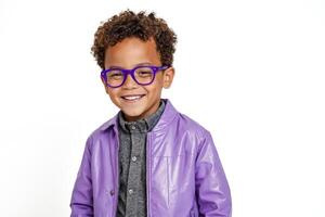 Happy boy with curly hair and glasses smiling in a purple jacket photo