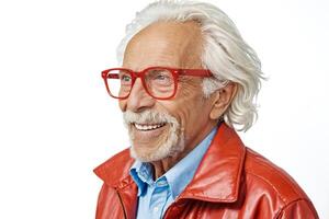 Portrait of a senior man with a white beard and red glasses smiling photo