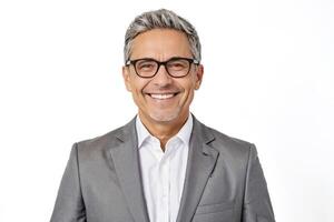 Portrait of a smiling middle-aged businessman wearing a gray suit and glasses photo
