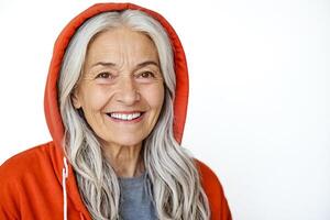 Portrait of a Senior Woman Wearing a Red Hoodie, Smiling and Looking at the Camera photo