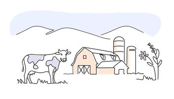 Cow with barn line art drawing. Minimalist black linear sketch vector