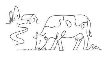 Cow with house line art drawing. Minimalist black linear sketch vector