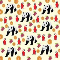 cute panda, parrot with grape and cantaloupe as a pattern background vector