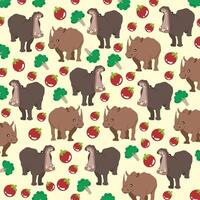 cute hippopotamus, rhinoceros with fruit and vegetables as a pattern background vector