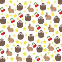 cute rabbit, porcupine with cherry and starfruit as a pattern background vector