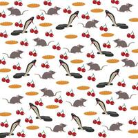 cute rat, snake with cherry and bread as a pattern background vector