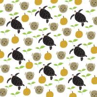 cute puffer fish, turtle with leaf and durian as a pattern background vector