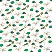 cute dragonfly, praying mantis with elderberries and leaf as a pattern background vector