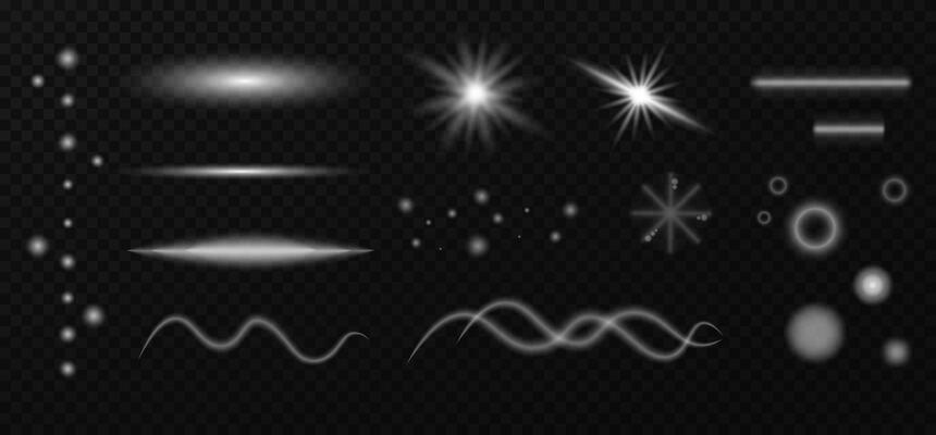Set light effects illustration. White starlight, sun rays, flares, sparkles. Glittering lights. Radiant effect, glow, star, circle, line, wave, dots.