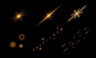 Set Golden Sequins, Glare, Radiance, Light, Glitter. Orange Glowing bright shining effect isolated. Bokeh light effect background. vector