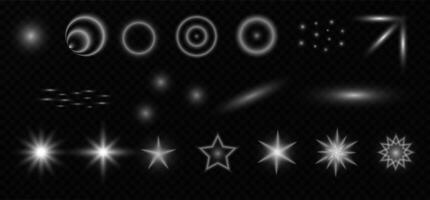 Set light effects circles, stars, abstract space figures. White flares, sparkles. Glittering lights. Radiant effect, glow, line, wave, dots. vector