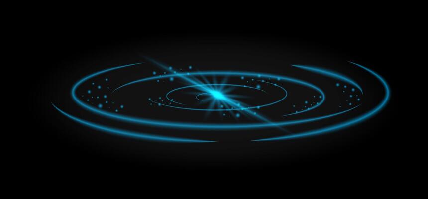 Neon glowing blue circles, stars in center and lines around. Shining light space portal. Fantasy space border. Abstract fantastic background.
