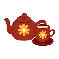 Pouring tea composition with isolated images of teapot with cup .Cozy autumn concept vector