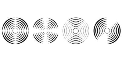 Set of circular ripple icons. Concentric circles with broken lines isolated on white background. Vortex, sonar wave, soundwave, sunburst, signal signs. graphic illustration vector