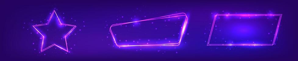 Set of three neon double frames with shining effects vector
