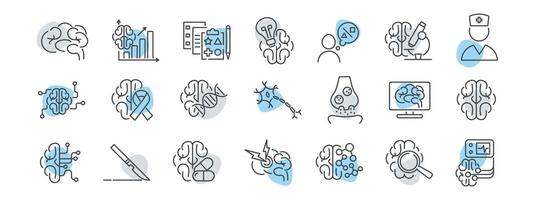 Neurology clinic, human brain line icon set. Neuron, axon, dendrite, synapse, headache, eeg, brain biochemistry, cancer, psychometric tests, Blocks illustration. Editable Strokes vector