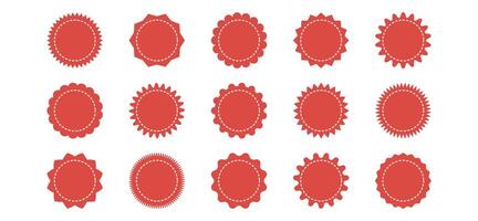 Set of red sunburst stickers. Price tags with zig zag, scallop, wavy edges. Kit of badges, stamps, labels, speech bubbles isolated on white background. vector