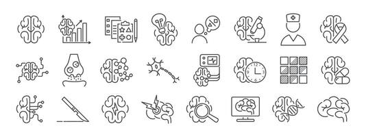 Neurology clinic, human brain line icon set. Neuron, axon, dendrite, synapse, headache, eeg, brain biochemistry, cancer, psychometric tests, Blocks illustration. Editable Strokes vector