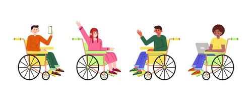 Set with different smiling people on wheelchairs. Illustrations isolated on white background vector