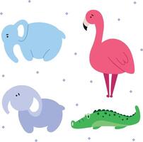 Set of cute animals in hand draw flat style.Crocodile,flamingo,elephant isolated on white background. illustration.Kids, childish graphic. Farm, wild, zoo, forest animals.Cartoon. vector