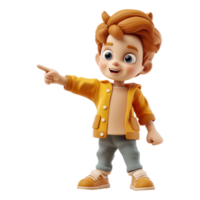 3D render illustration Cartoon character little boy points a finger isolated on transparent background. png