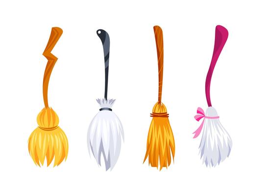Four cartoon witch broomsticks with wood and plastic handles, new and used, standing upright, isolated on white.