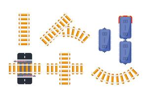 Set of railroad elements showing different types of railways with crossing and train wagons. vector