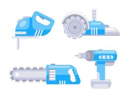 Set of blue power tools for construction works and repairing including a chainsaw, a circular saw, a jigsaw and a drill. vector