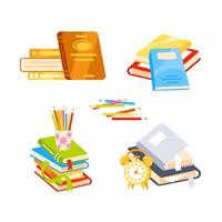 Stacks of colorful books with bookmarks and pencils for studying and education. vector