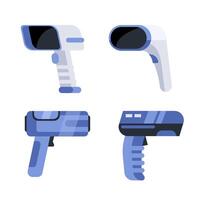 Collection of modern electronic devices scanning barcodes using laser beams in a simple flat illustration style. vector