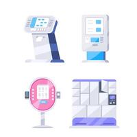Collection of self service electronic payment machines with touch screen, pos terminal, ticket machine, and automated lockers. vector