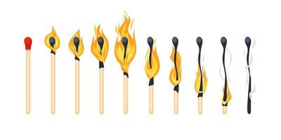 Burning match animation steps from a new match to a burned one with smoke vector