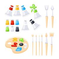 Set of tools for drawing and painting including palette, paint tubes and brushes. vector
