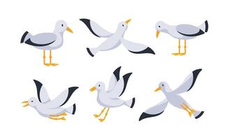 Set of cartoon seagulls standing and flying with spread wings vector