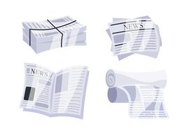Set of illustrations representing newspapers folded, rolled and stacked vector