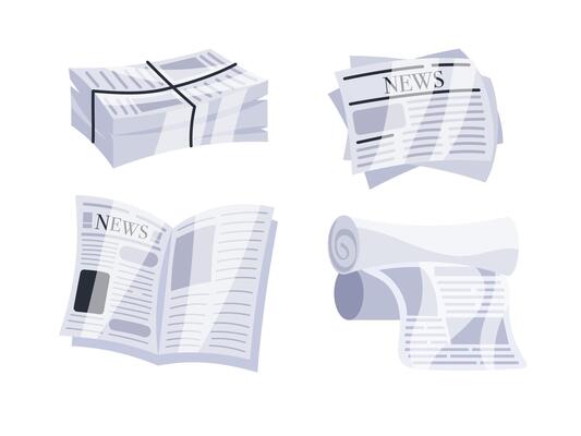 Set of illustrations representing newspapers folded, rolled and stacked