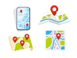 Set of location icons showing different map styles on smartphone and paper for navigation vector