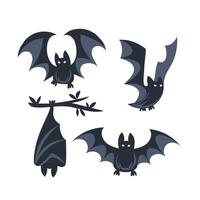 Four different cartoon bats with big eyes flapping their wings and hanging from a branch. vector